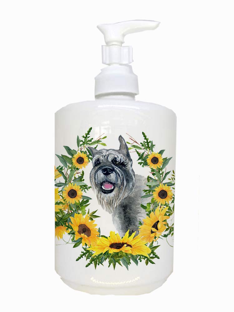 Caroline's Treasures CK2854SOAP Schnauzer in Sunflowers Ceramic Soap Dispenser Hand Soap Dispenser Pump Bottles for Bathroom Kit