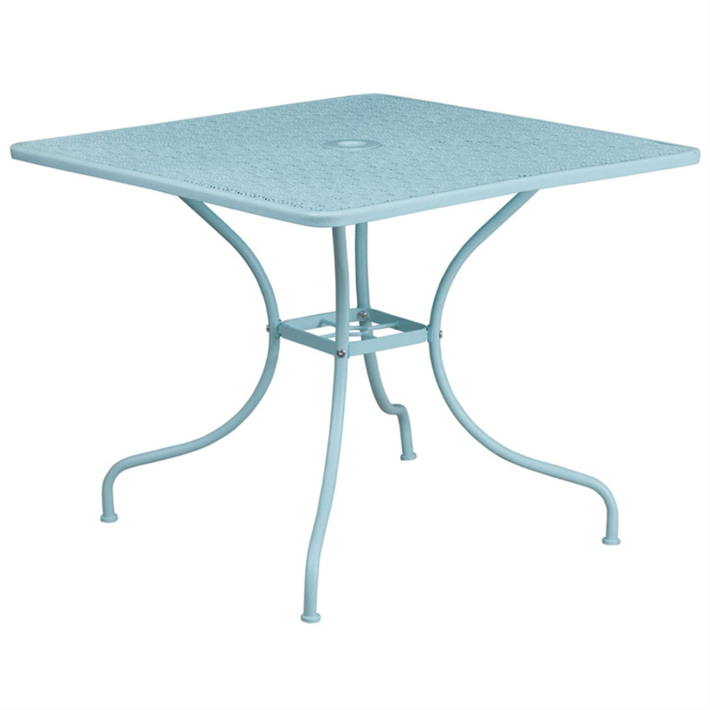 Flash Furniture Oia Commercial Grade 35.5" Square Sky Blue Indoor-Outdoor Steel Patio Table with Umbrella Hole