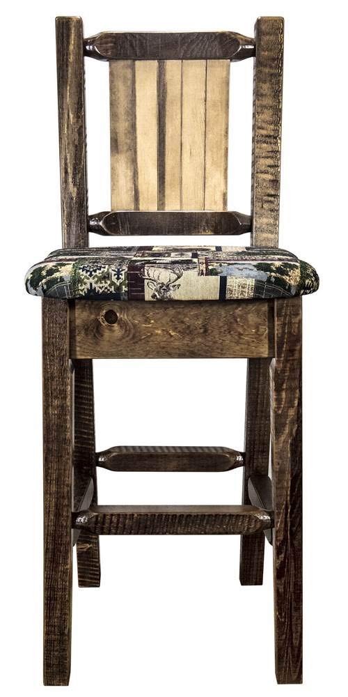 Montana Woodworks Homestead Collection Counter Height Barstool with Upholstered Seat, Woodland Pattern, Laser Engraved Bronc Design, Stained & Lacquered