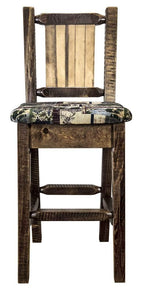 Montana Woodworks Homestead Collection Counter Height Barstool with Upholstered Seat, Woodland Pattern, Laser Engraved Bronc Design, Stained & Lacquered