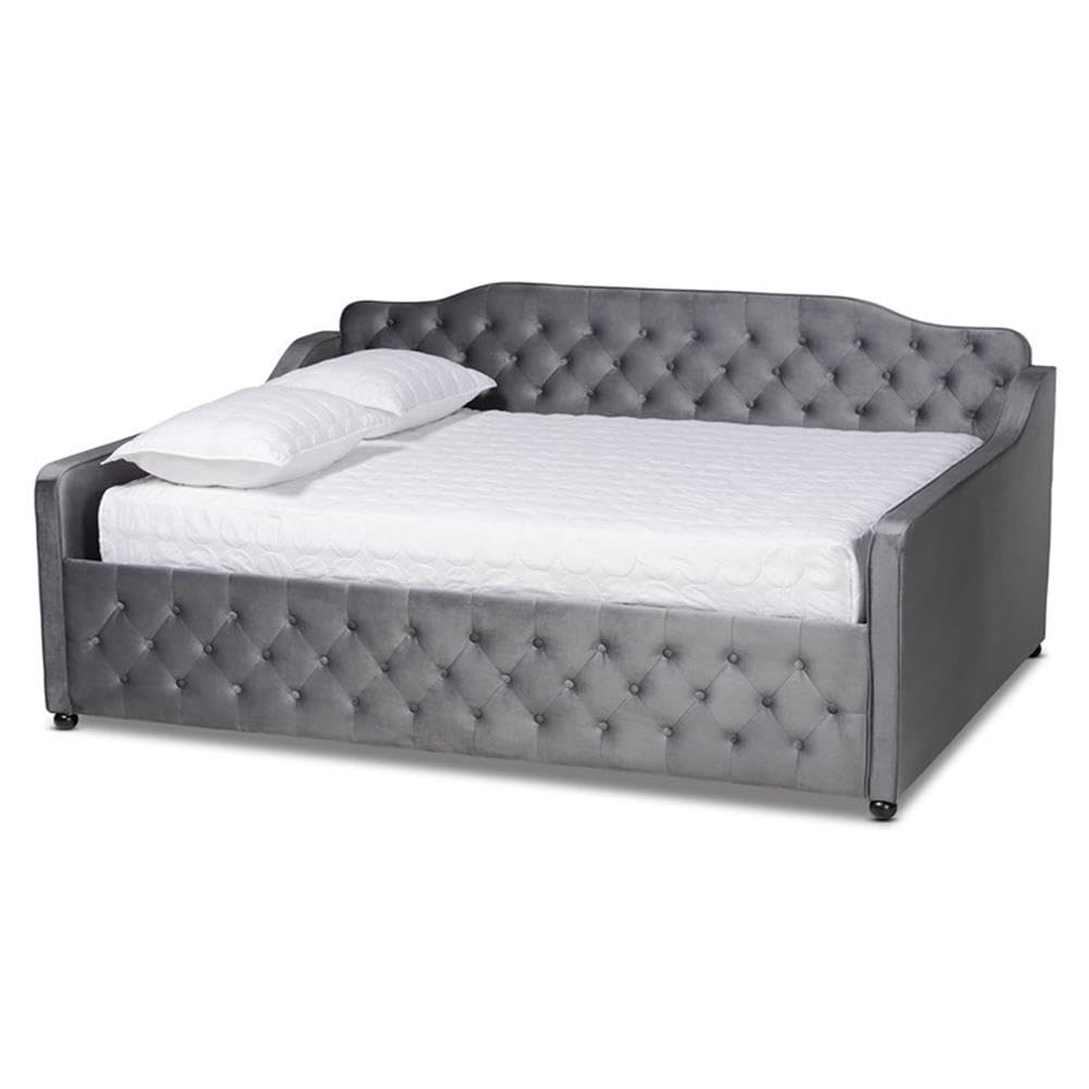 Baxton Studio Freda Gray Velvet Button Tufted Full Size Wood Daybed