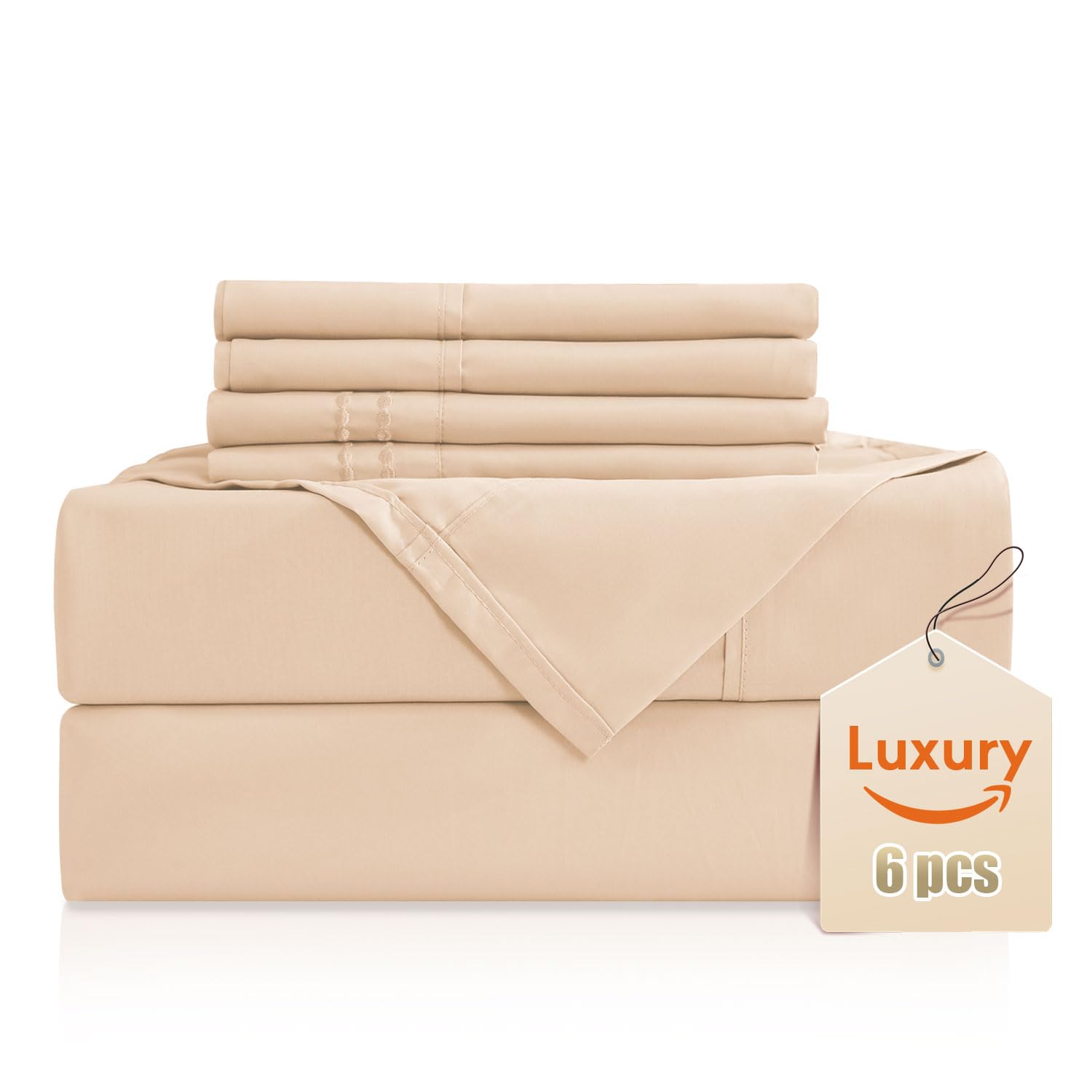 Luxury Silky Soft Bed Sheet Set, 6 Piece, King Size, Fits 16 Inch Deep Pocket Mattresses, Wrinkle Free & Breathable Cooling, Cha