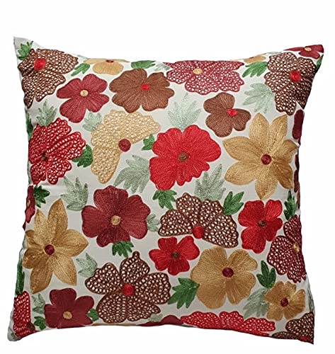 House Of Silko Cushion Cover With Heavy Floral Embroidery On White Cotton For Home Decoration Set Of 2 (Square 20X20(Covers))