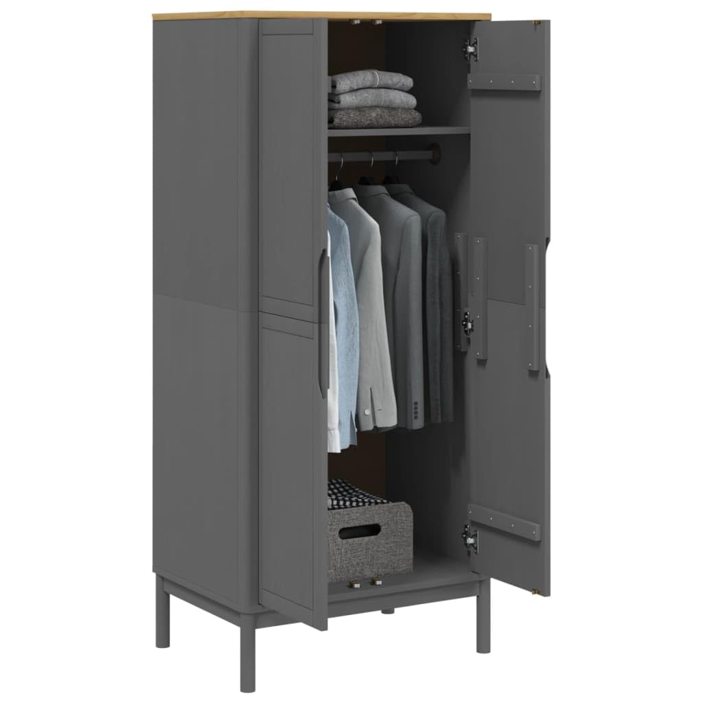 vidaXL Wardrobe Floro - Gray Solid Pine Wood - 30.3x20.9x67.3 - Bedroom Closet with Practical Doors & Ample Storage Space - Modern Style