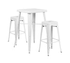 Flash Furniture Stone Commercial Grade 23.75" Square White Metal Indoor-Outdoor Bar Table Set with 2 Square Seat Backless Stools