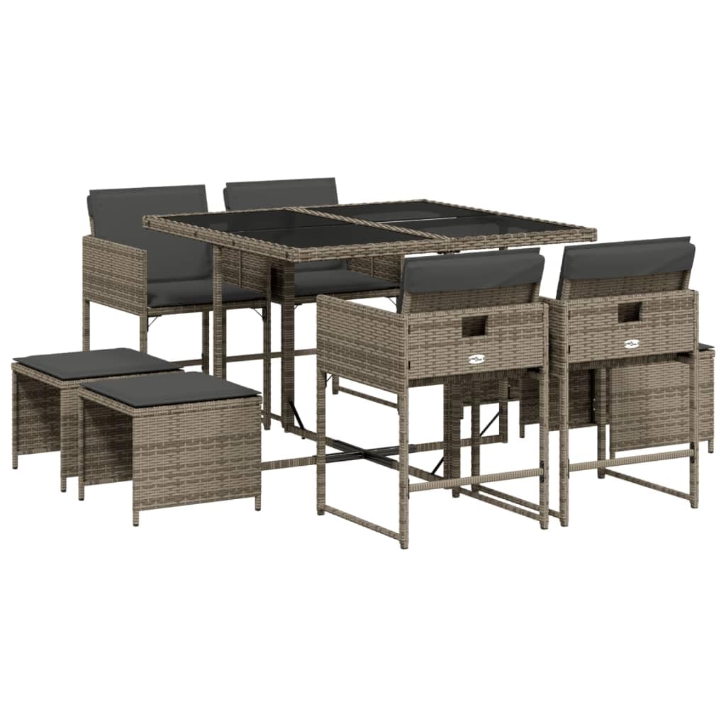 vidaXL 9 Piece Patio Dining Set with Cushions - Gray Poly Rattan, Space-Saving, Comfortable Cushions, Tempered Glass Tabletop, Outdoor Garden/Backyard Furniture