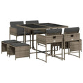 vidaXL 9 Piece Patio Dining Set with Cushions - Gray Poly Rattan, Space-Saving, Comfortable Cushions, Tempered Glass Tabletop, Outdoor Garden/Backyard Furniture