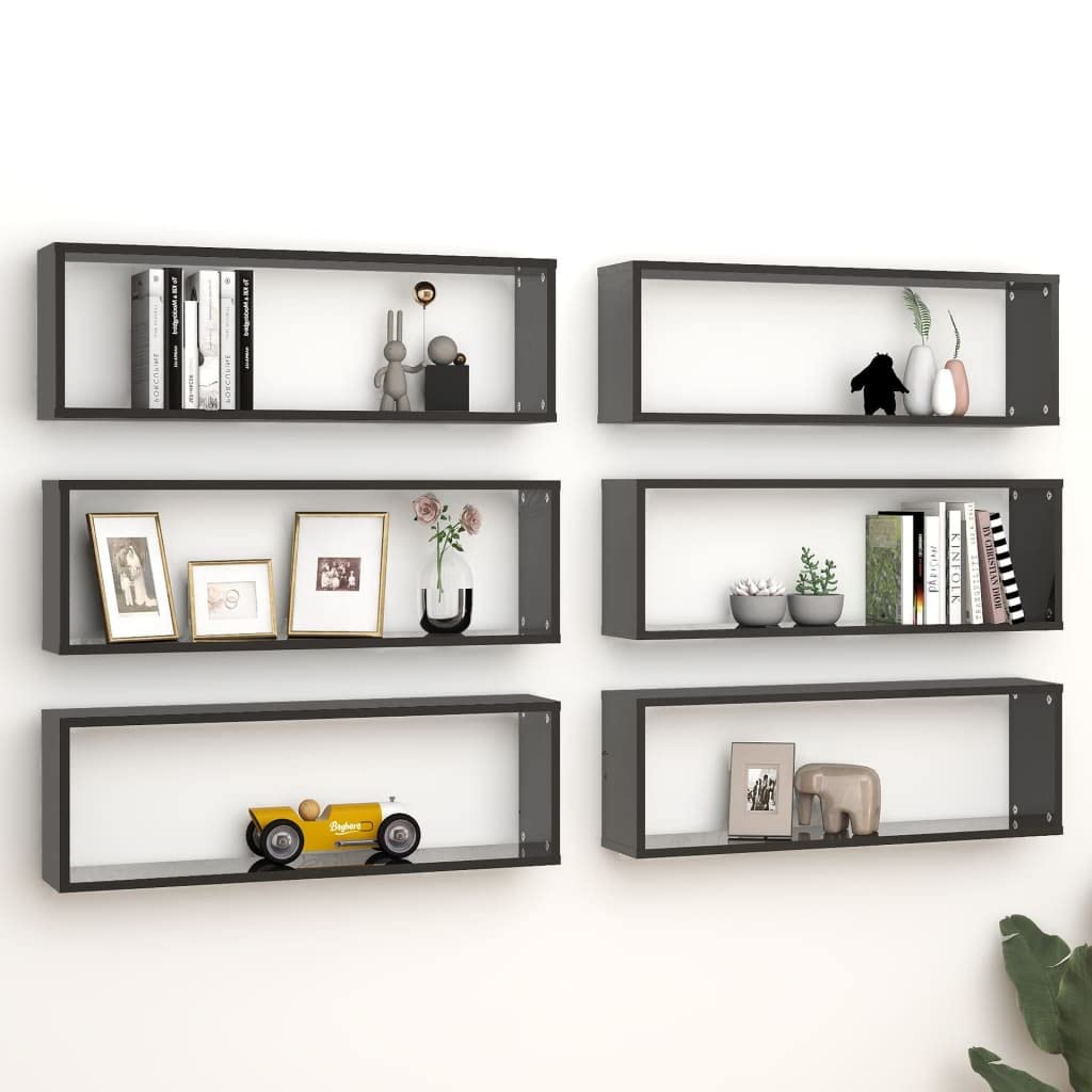 vidaXL Wall Cube Shelves 6 pcs High Gloss Black 31.5&quot;x5.9&quot;x10.4&quot; Engineered Wood