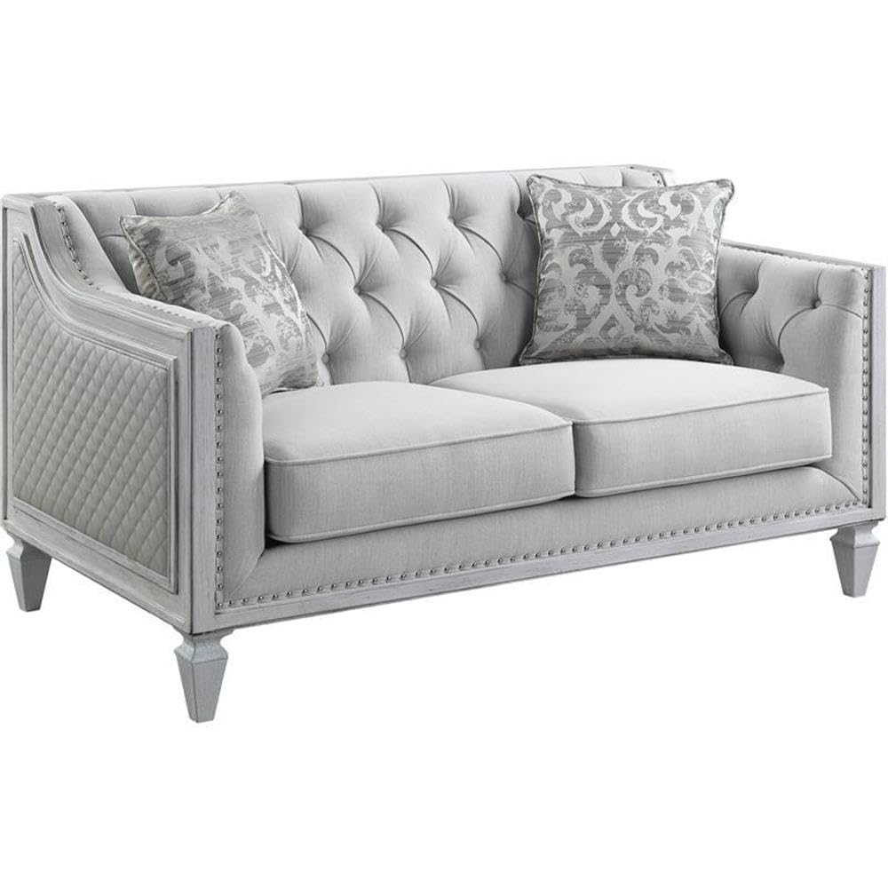 Acme Katia Loveseat in Gray Linen Fabric and White Finish