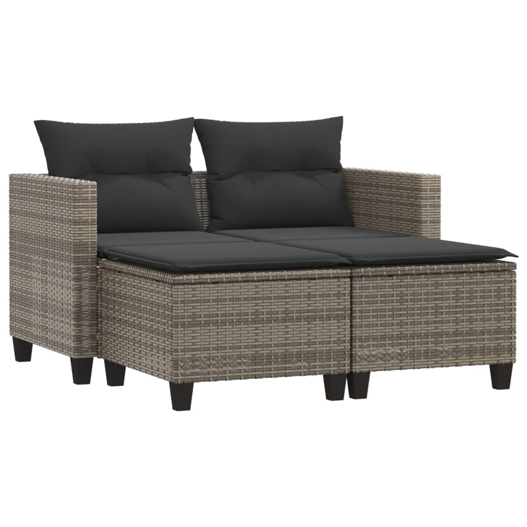 vidaXL 2-Seater Patio Sofa & Stools Outdoor Set - Comfortable Gray Poly Rattan Garden Furniture with Removable Cushions