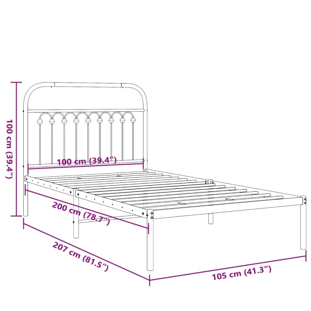 vidaXL Metal Single Bed Frame with Headboard, Steel, White, 39.4"x78.7", Storage Space, Mattress Support