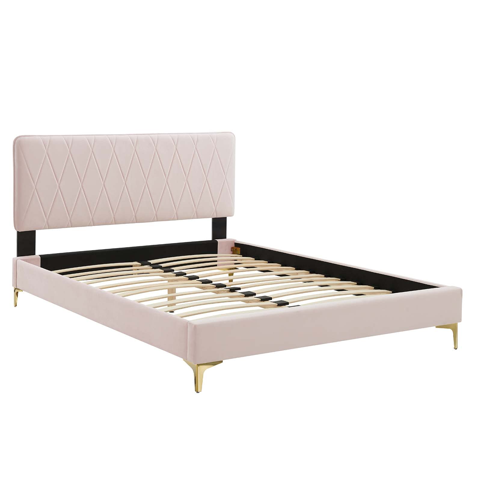 Modway Phillipa Performance Velvet Platform Bed with Gold Legs, King, Pink