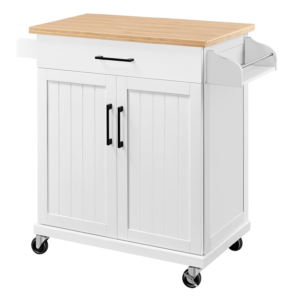 Yaheetech Kitchen Cart With Drawer, Kitchen Island On Wheels With Storage Rack & Cabinets, Microwave Cart For Kitchen With Storage, Rolling Coffee Cart Station, White