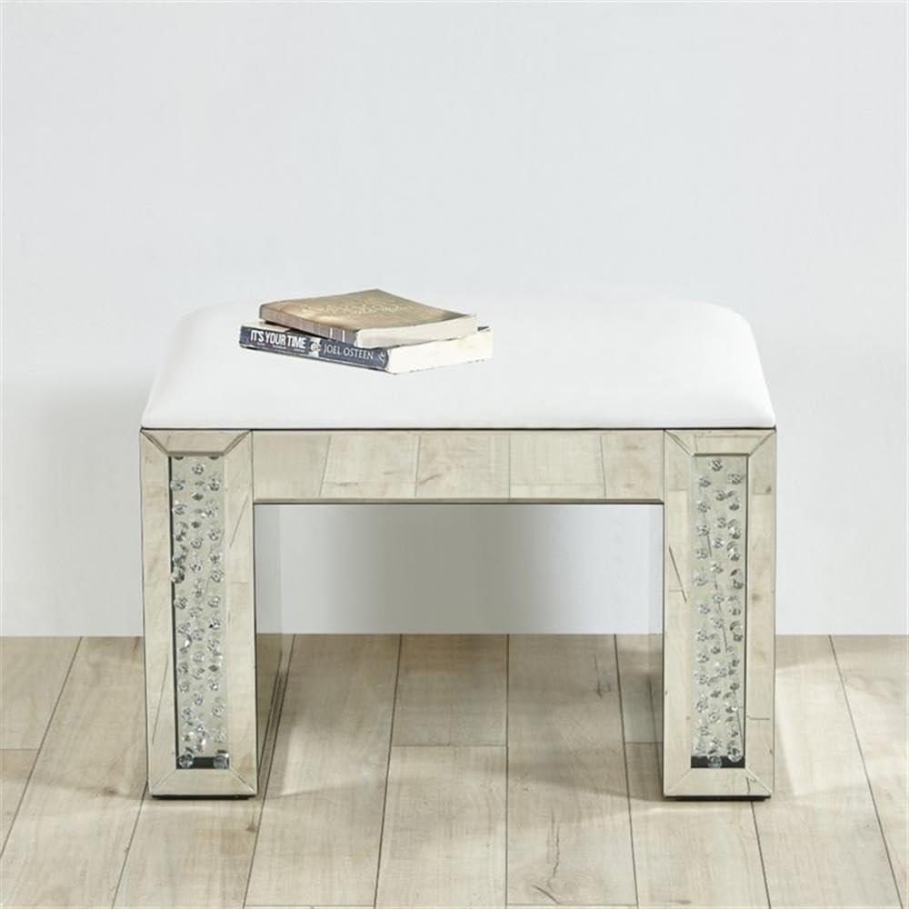 Elegant Decor Modern 26" Clear Crystal Mirrored Leather Vanity Stool
