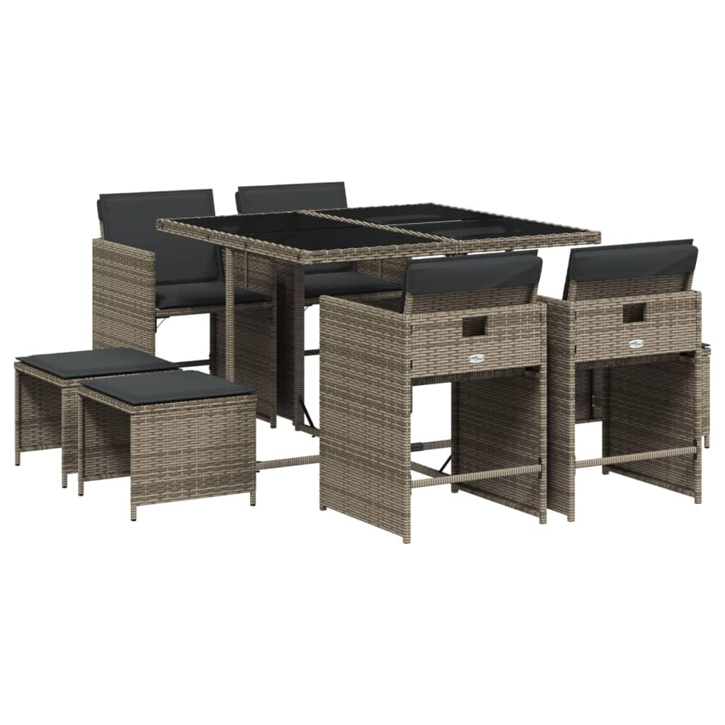 vidaXL Patio Dining Set with Cushions - Gray Poly Rattan Garden Furniture - 9-Piece - Ideal for Patio, Garden, Backyard - Includes Table, Chairs, and Stools