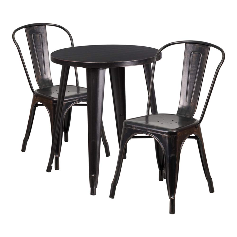 Flash Furniture Commercial Grade 24&quot; Round Black-Antique Gold Metal Indoor-Outdoor Table Set With 2 Cafe Chairs