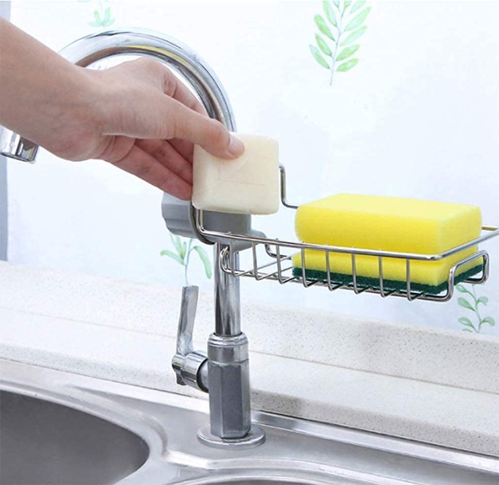 VUNEXO Stainless Steel Kitchen and Bathroom Faucet Soap Scrubbers Sponge Holder Rack Hanging Sink Organizer Stand Caddy Rack Tow