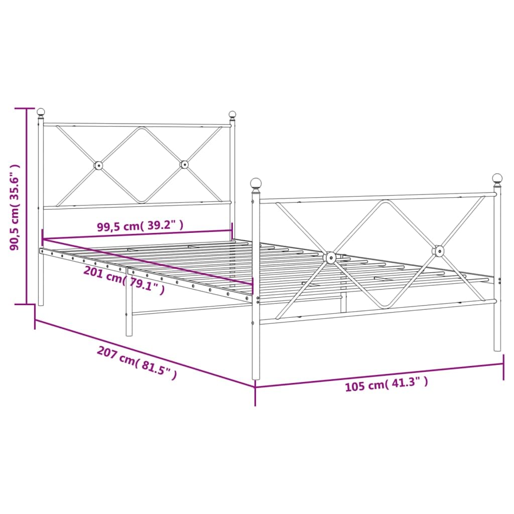vidaXL Elegant White Steel Single Bed Frame with Headboard/Footboard - Under-Bed Storage - Metal Slats - 81.5x41.3x35.6