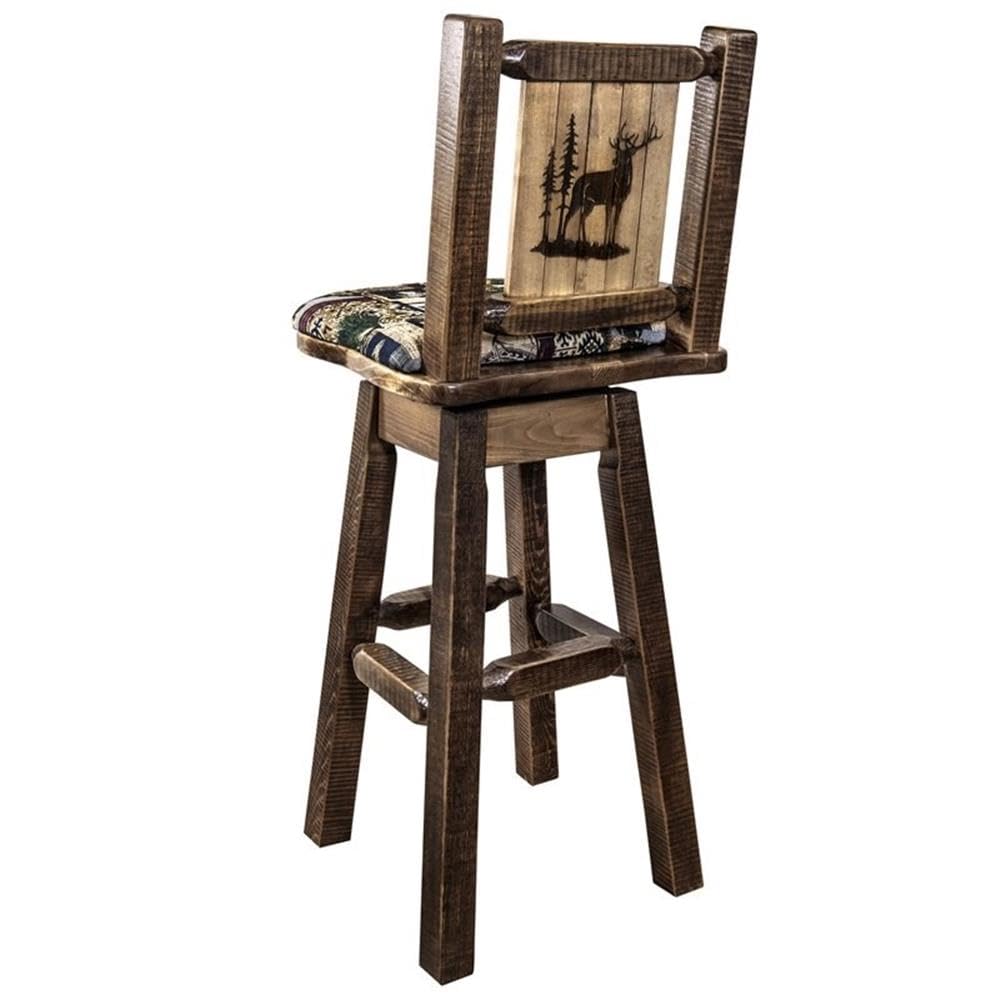 Montana Woodworks Homestead Collection Barstool with Back & Swivel, Upholstered Seat, Woodland Pattern with Laser Engraved Elk Design, Stained & Lacquered