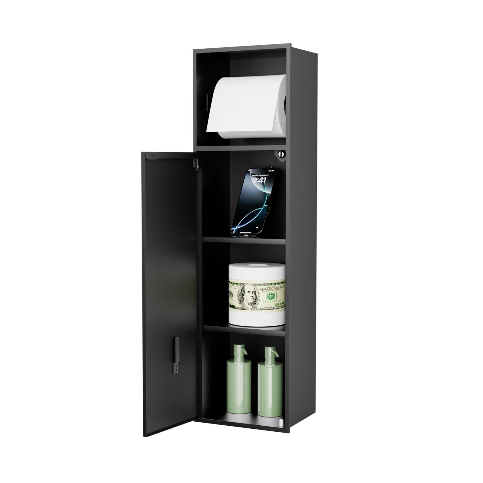 BARONAGE Black Recessed Toilet Paper Holder with 3 Storage, 24 Inch Toilet Paper Niche Over-Mounted Wall Bathroom Organizer 304 