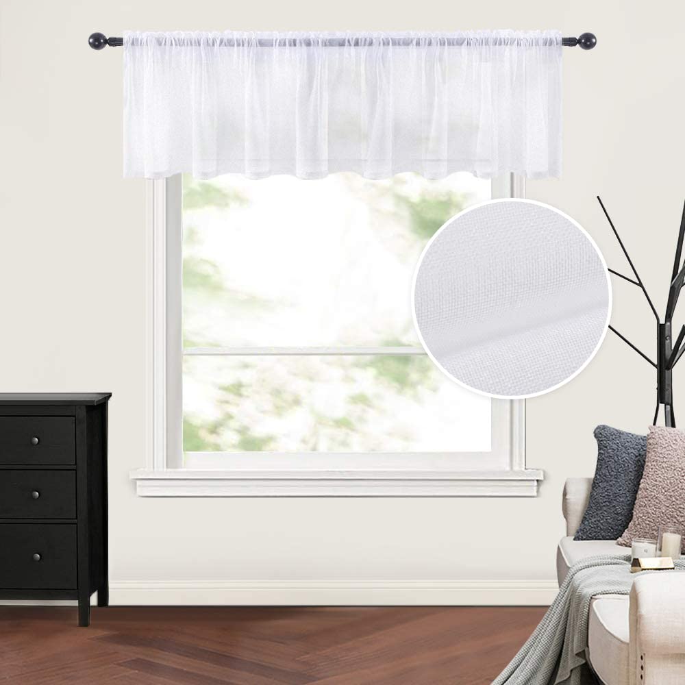 Miulee Solid White Kitchen Sheer Valance Linen Look Window Curtain, Living Room Windows Voile Valance Rod Pocket 1 Panels (60'