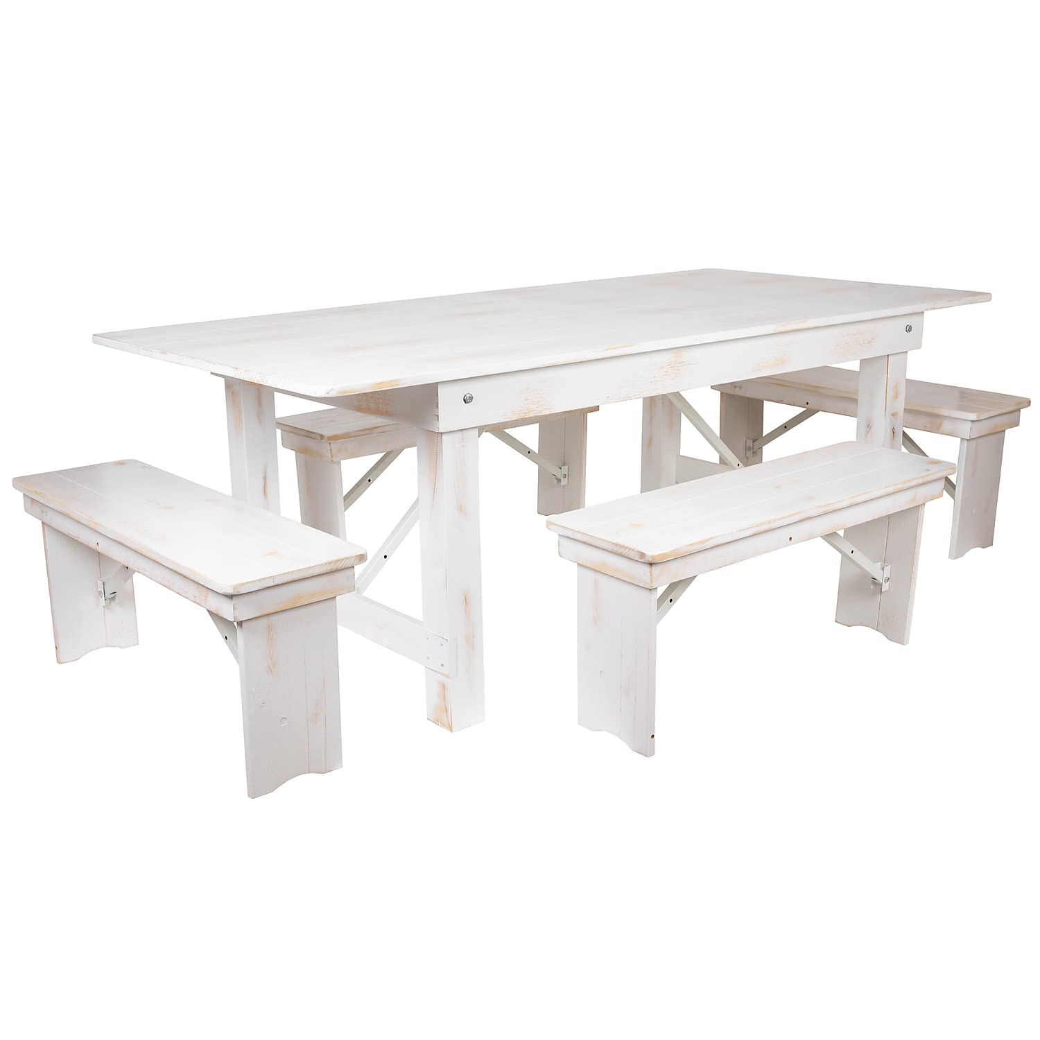 Flash Furniture Hercules Series 7' X 40&quot; Antique Rustic White Folding Farm Table And Four Bench Set