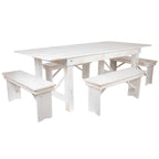 Flash Furniture Hercules Series 7' X 40" Antique Rustic White Folding Farm Table And Four Bench Set