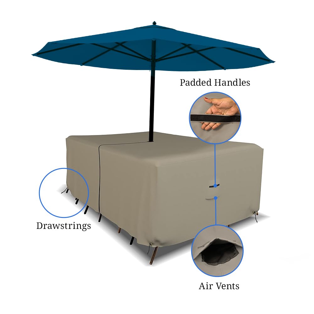 Covers & All Rectangle Table & Chair Set Cover, Umbrella Hole, 12 Oz Waterproof Uv & Weather Resistant, Patio Lawn Garden Backyard Furniture, Air Vents & Drawstrings (76''L X 46''W X 30''H, Beige)