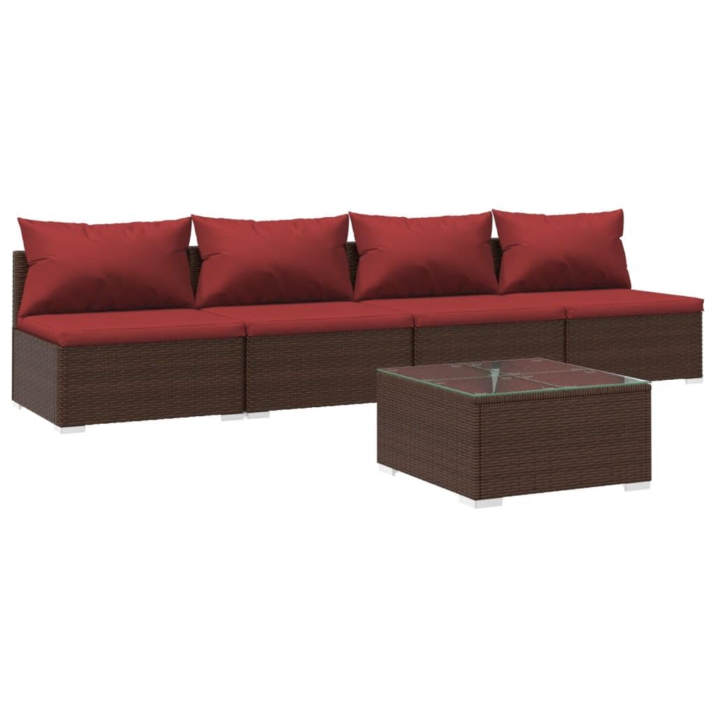 vidaXL 5-Piece Outdoor Lounge Set with Cushions- Poly Rattan Patio Furniture Set- Brown & Cinnamon Red- Versatile Modular Sofa Seating Arrangement- All-Weather Garden Decking and Balcony Set