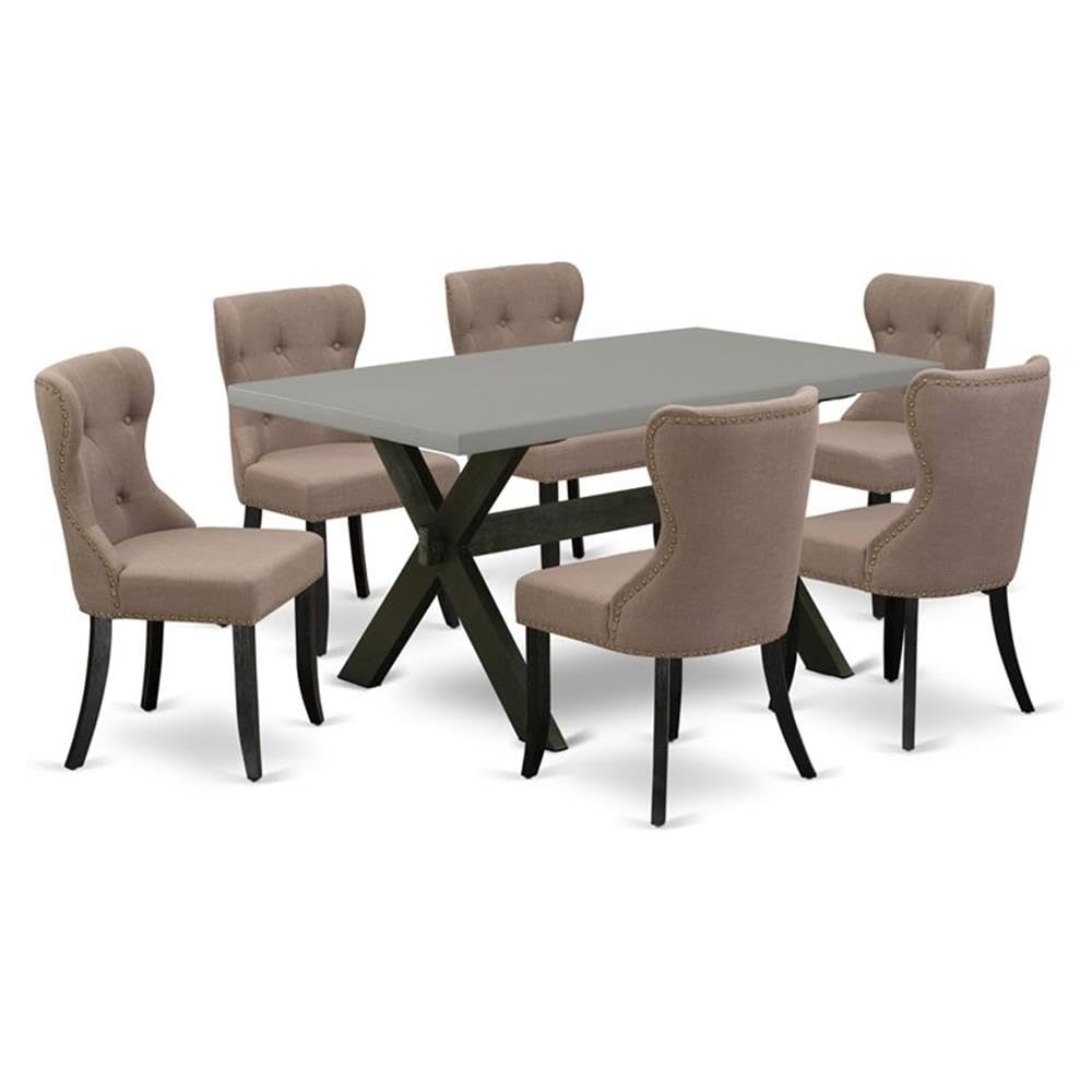 East West Furniture X696Si648-7 7 Piece Kitchen Table & Chairs Set Consist Of A Rectangle Dining Room Table With X-Legs And 6 Coffee Linen Fabric Upholstered Chairs, 36X60 Inch, Multi-Color