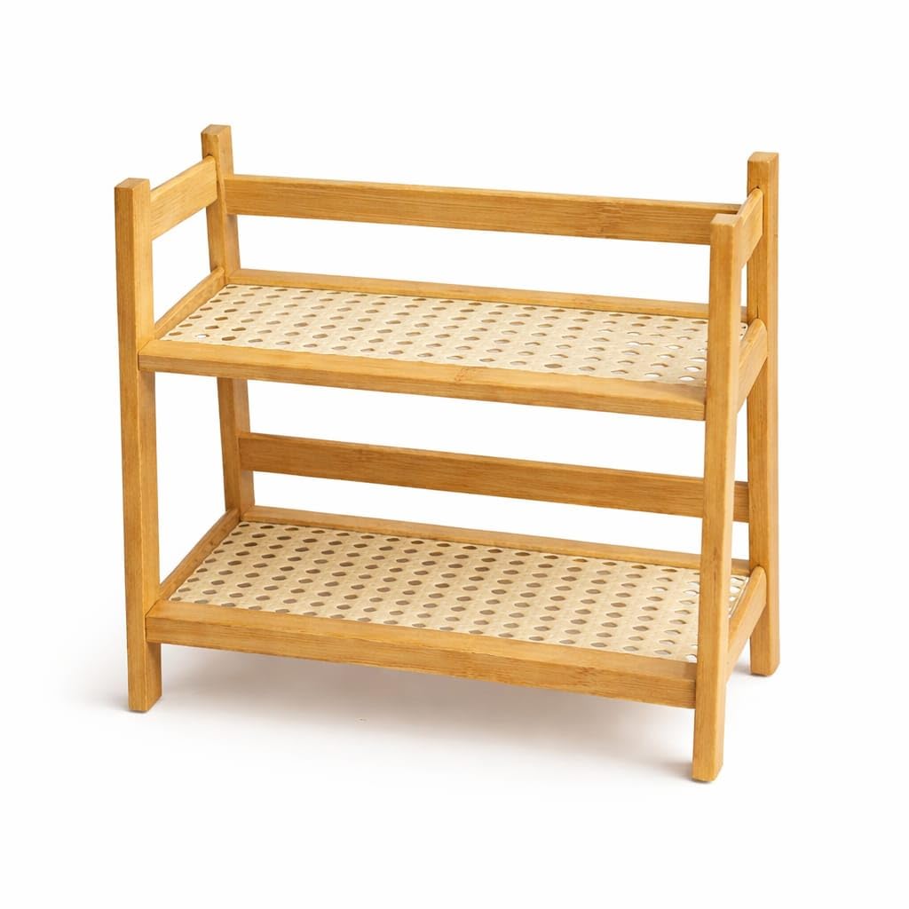 Komklug 2 Tier Bamboo Storage Shelf With Plastic Woven Shelves | Kitchen Counter Organizer Rack For Spice Jars, Seasonings, Bath