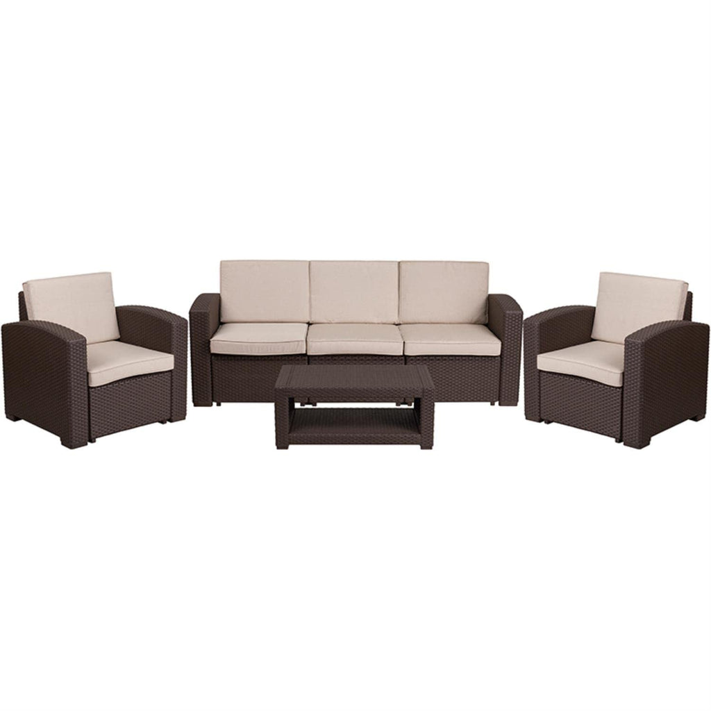 Flash Furniture 4 Piece Outdoor Faux Rattan Chair, Sofa And Table Set In Chocolate Brown