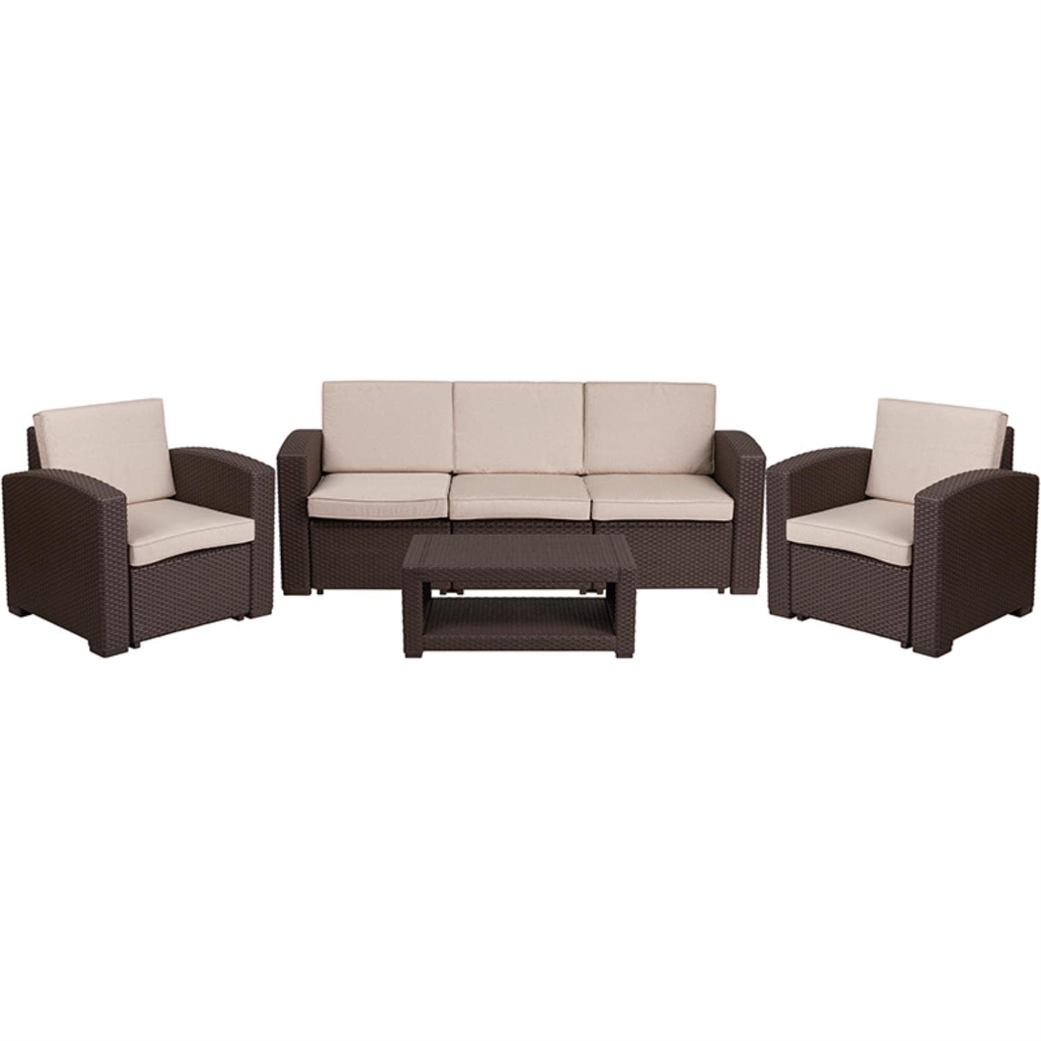 Flash Furniture 4 Piece Outdoor Faux Rattan Chair, Sofa And Table Set In Chocolate Brown