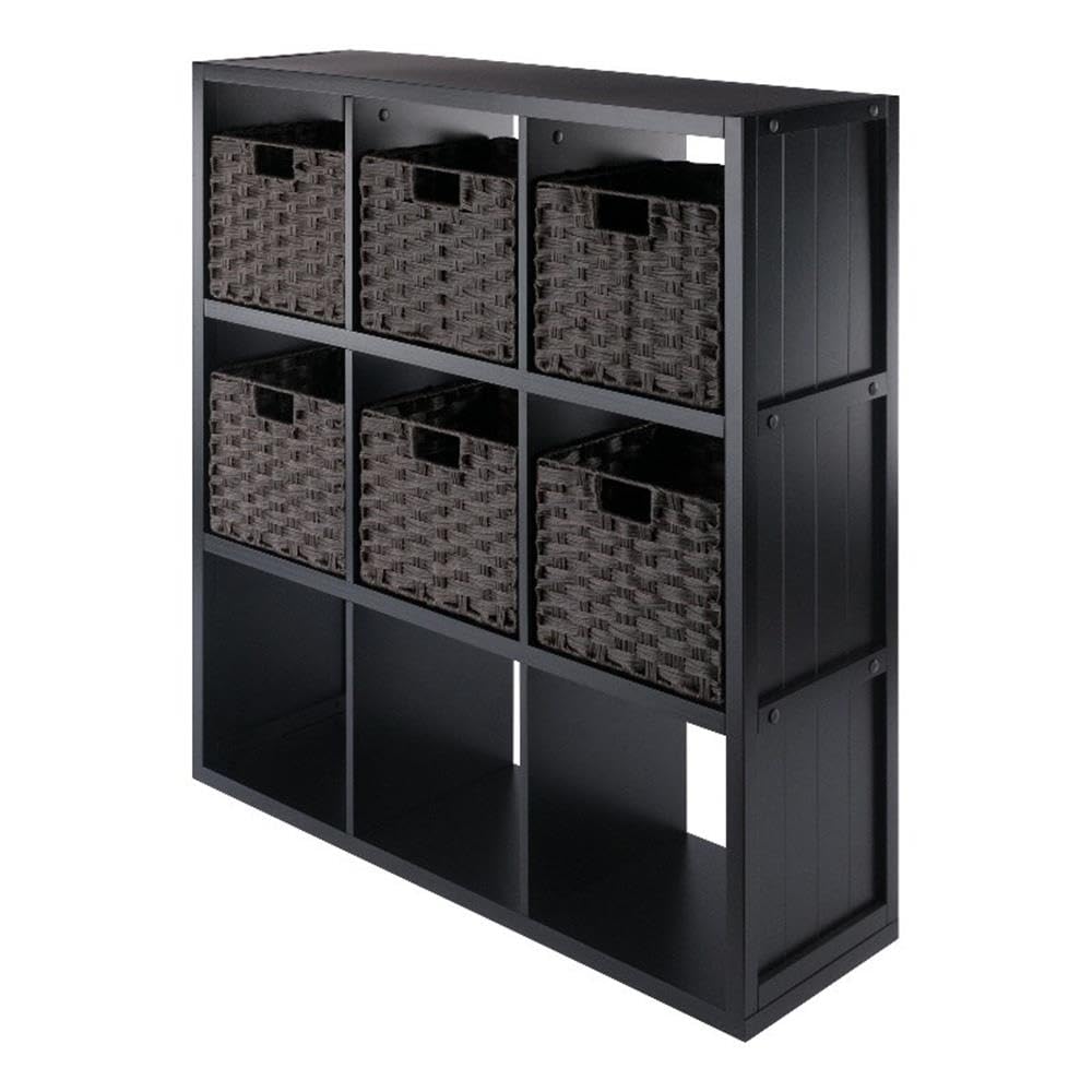 Winsome Wood Timothy 7Pc 3X3 Storage Shelf With 6 Foldable Woven Baskets  Black And Chocolate