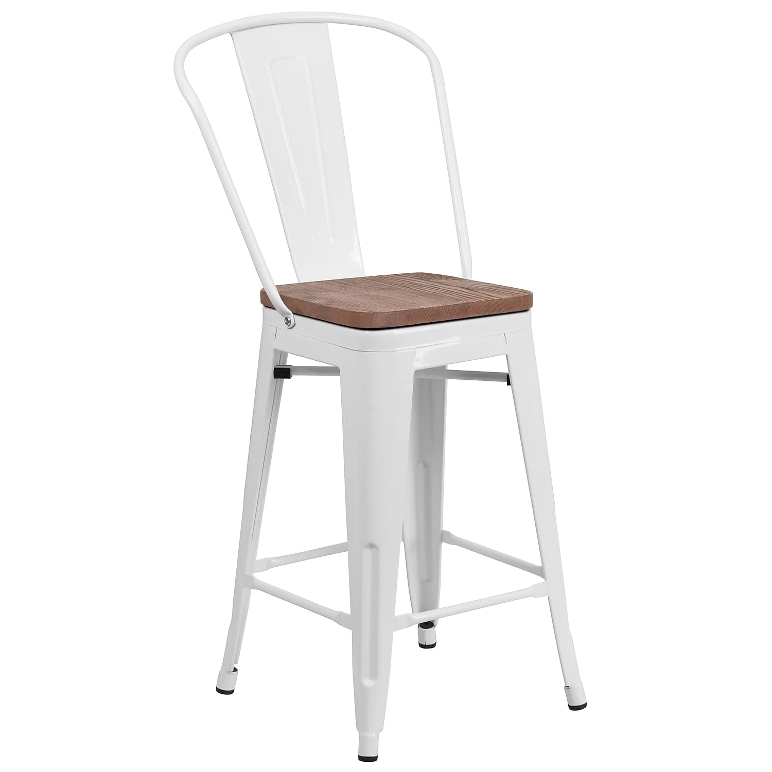 Flash Furniture Lily 24&quot; High White Metal Counter Height Stool With Back And Wood Seat (Pack Of 1)