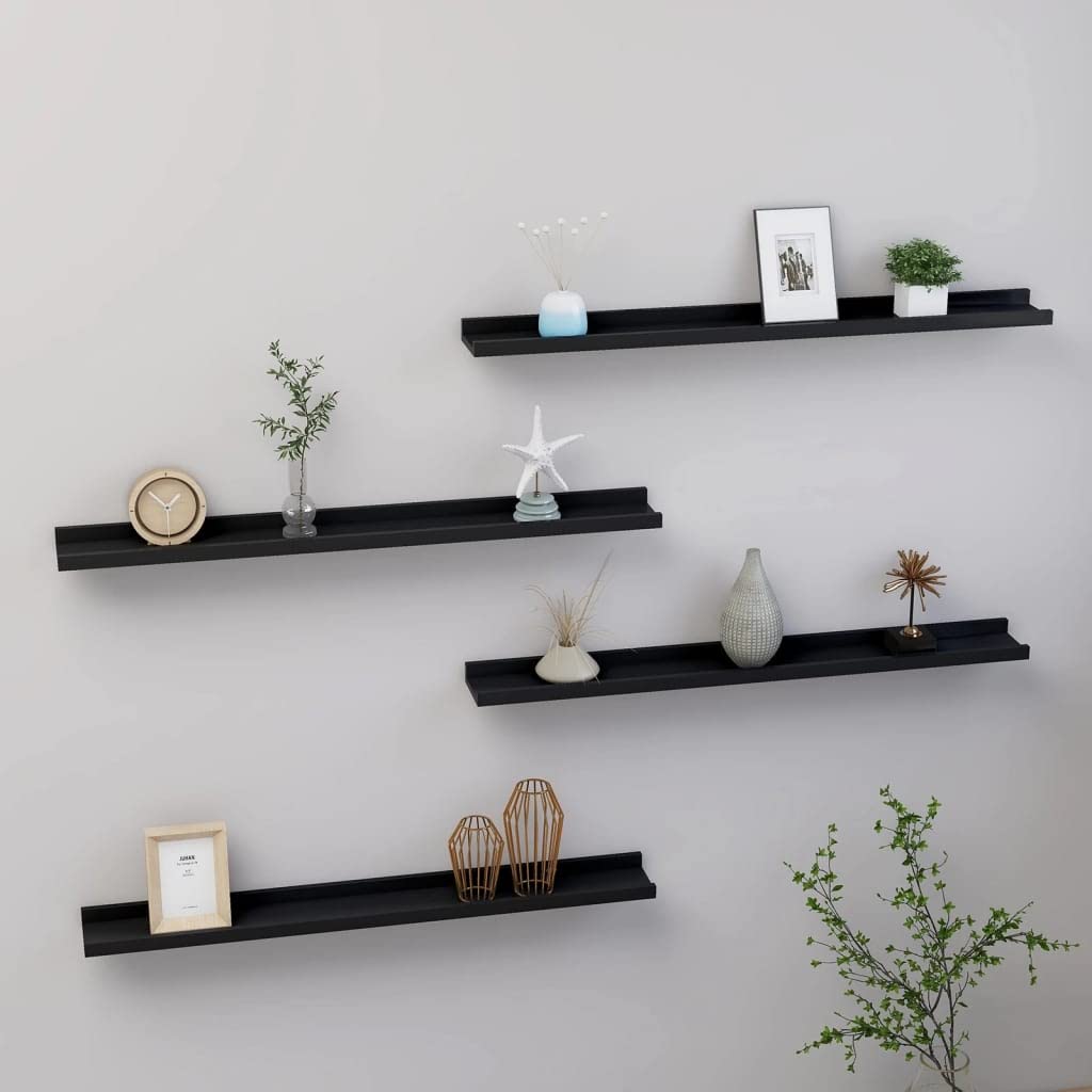 vidaXL Modern Black Wall Shelves- Durable MDF Construction, Set of 4, Stylish and Versatile, Easy to Clean.