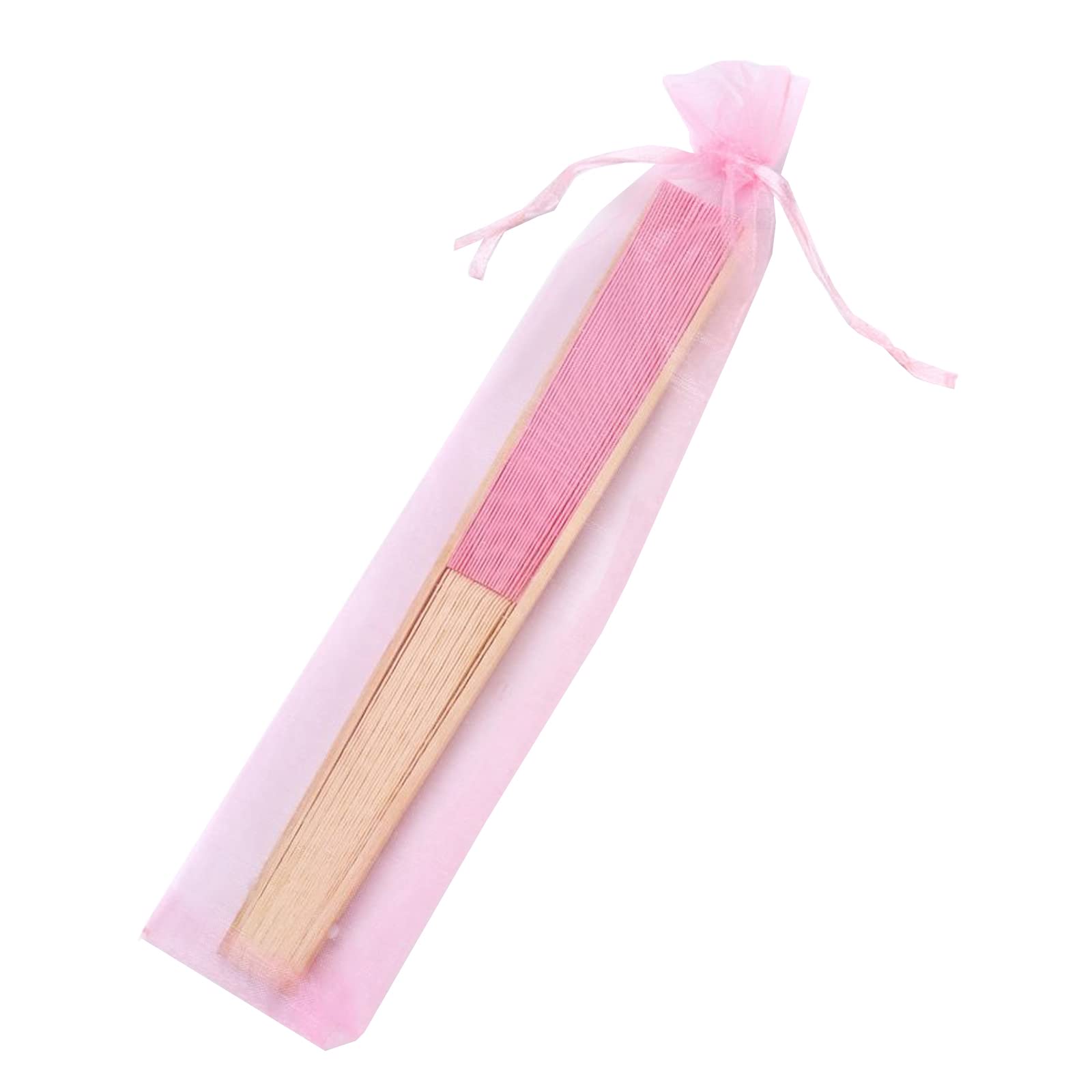Sl Crafts 50Pcs Paper Hand Fan With Organza Bags Bamboo Handheld Folding Fan Decorative Paper Fan Wedding Party Favors (Pink)