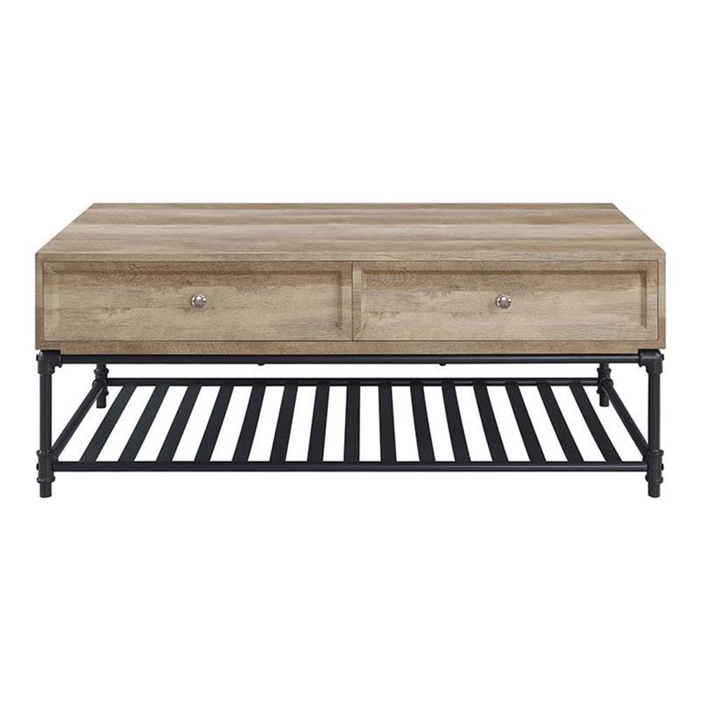 Acme Brantley 2-Drawer Wooden Coffee Table in Oak and Sandy Black