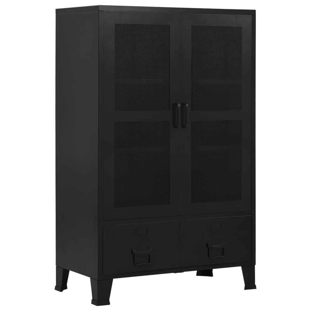 vidaXL Steel Office Cabinet with Mesh Doors – Black Industrial Style Cabinet with 3 Compartments & 2 Drawers for Efficient File Storage – Durable, Easy-to-Clean – 29.5"x15.7"x47.2"