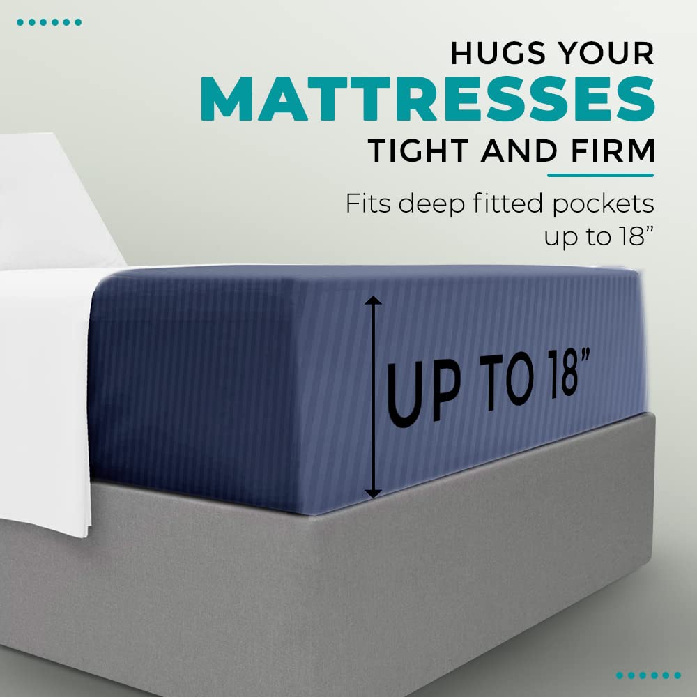 Feather & Stitch 100% Cotton 1 Piece Damask Stripe Full Fitted Sheet 500 Thread Count Dark Blue 18' Extra Deep Pocket Luxury Sateen Weave Stretchable Boxer Elastic Fits Mattress Perfectly