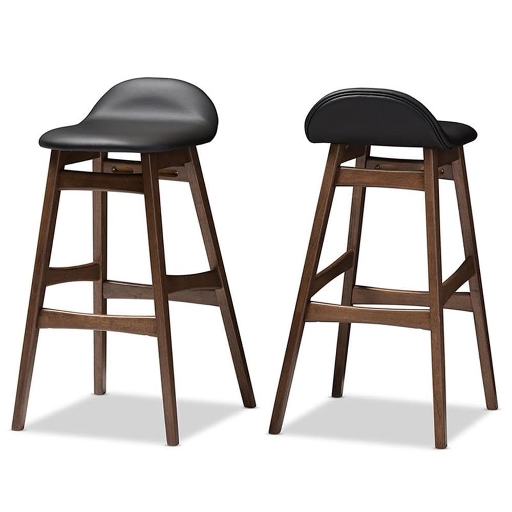 Baxton Studio 2 Piece Bloom Scandinavian Style Faux Leather Upholstered Walnut Barstool Set, 30', Black