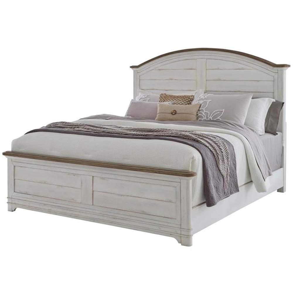 American Woodcrafters Meadowbrook White-Washed Wood Farmhouse Queen Size Arched Panel Bed