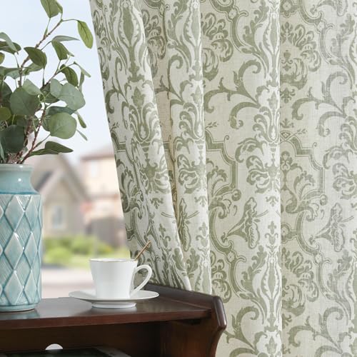 Jinchan Linen Curtains For Living Room Sage Green Damask Patterned Curtains 108 Inches Long For Bedroom Light Filtering Vintage Curtains Baroque Style Drapes Grommet Window Treatments 2 Panels Set