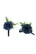 Yelinart Navy Blue Wrist Corsage and Boutonniere Set for Wedding Prom Homecoming Artificial Rose Flowers Men Groom Groomsmen Bou