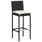 vidaXL 7-Piece Patio Bar Set with Solid Acacia Wood Table and Poly Rattan Stools, Black with Cream Cushions – Perfect for Outdoor Dining and Entertainment