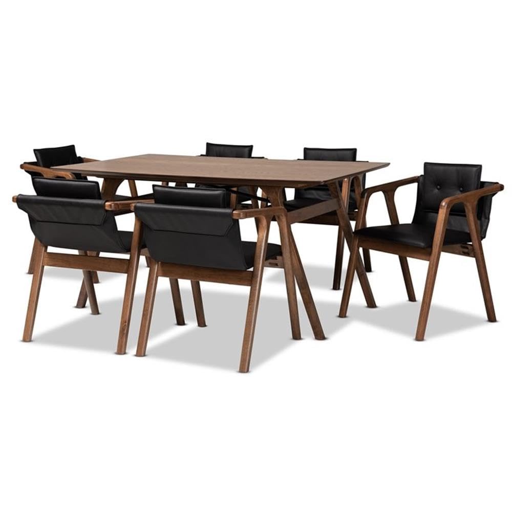 Baxton Studio Marcena Black Leather and Brown Finished Wood 7-Piece Dining Set