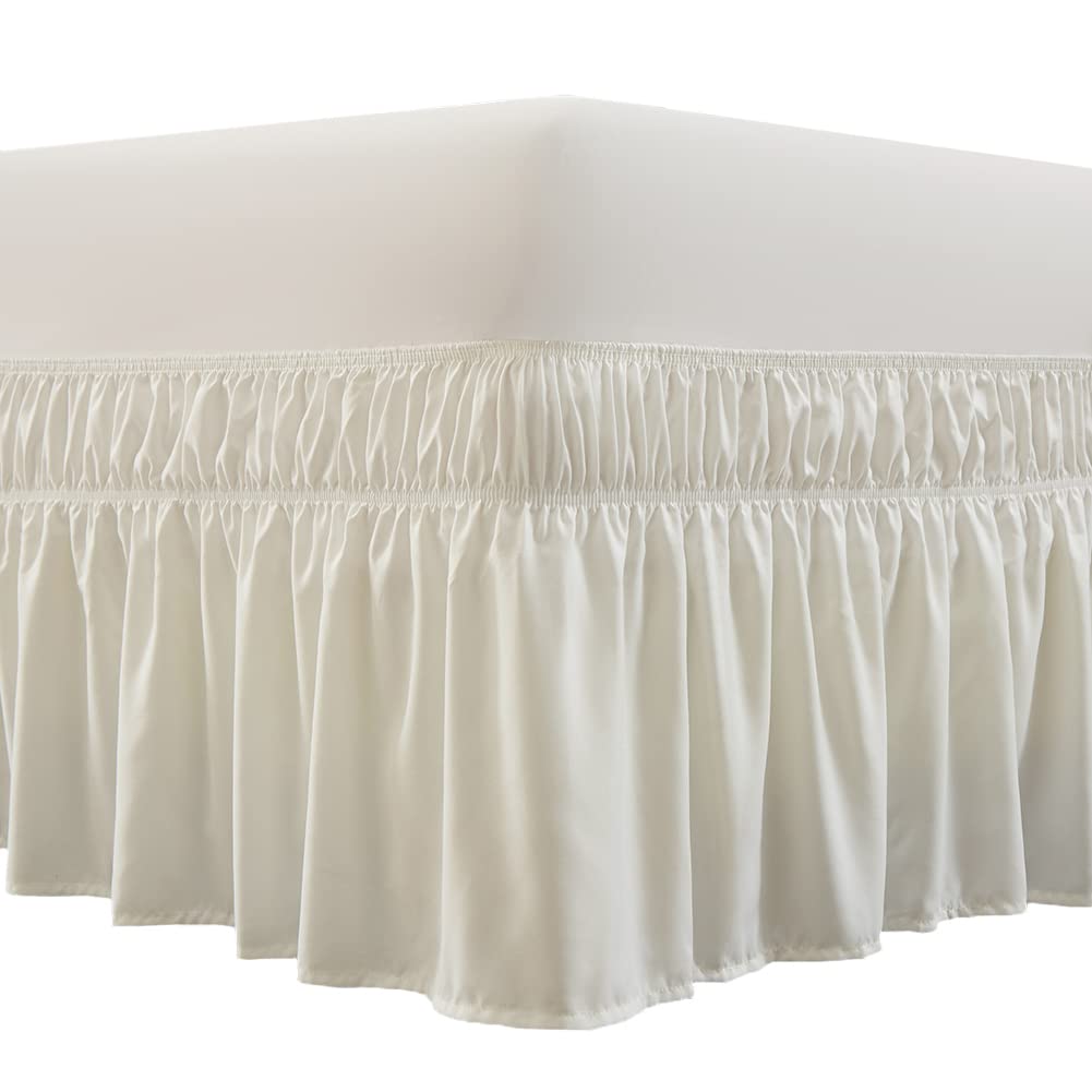 Meila Wrap Around Bed Skirt Three Fabric Sides Elastic Dust Ruffled 24 Inch Tailored Drop,Easy To Install Fade Resistant-Natural White, Twin/Full