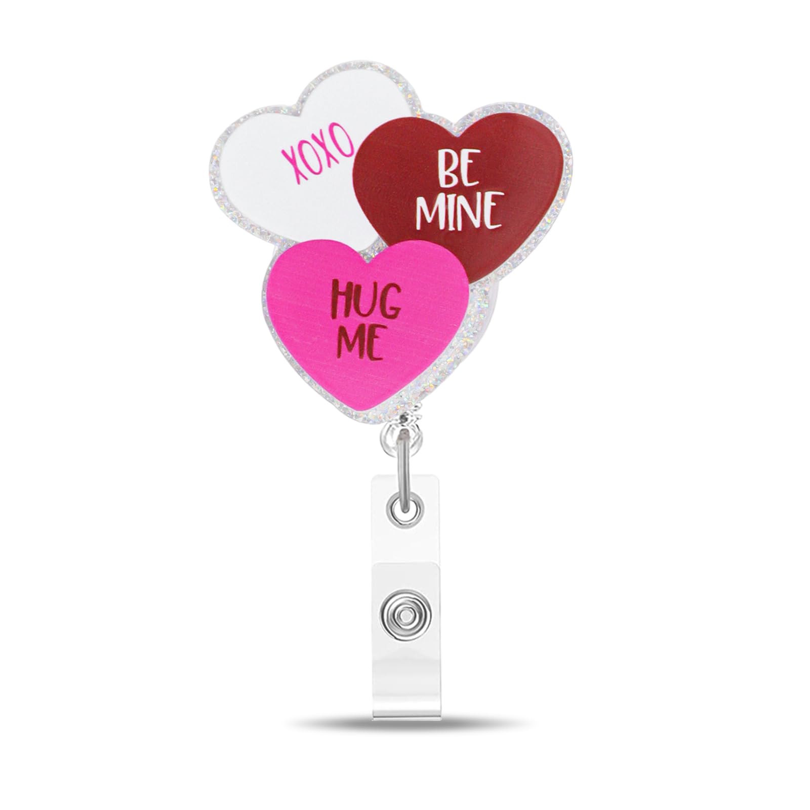 Valentines Day Three Color Heart Badge Reel,Valentines Day Retractable Acrylic Badge Holder,Acrylic Glitter Badge Reel With Alli