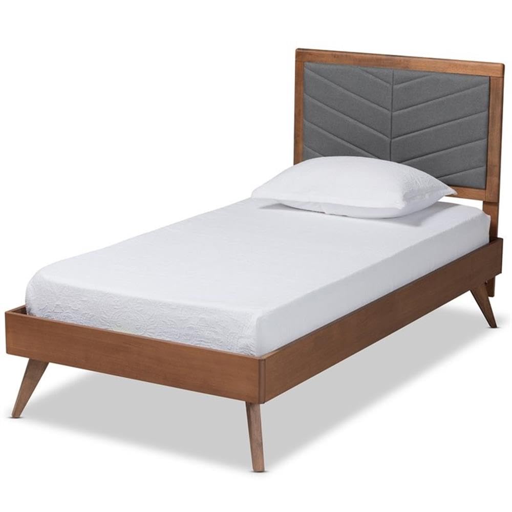 Baxton Studio Roze Mid-Century Modern Dark Grey Fabric Upholstered and Walnut Brown Finished Wood Twin Size Platform Bed