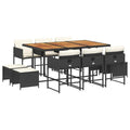 vidaXL - 11 Piece Black Patio Dining Set - PE Rattan - with Cushions - Outdoor/Garden/Backyard - Acacia Wood Table - Space-Saving Design